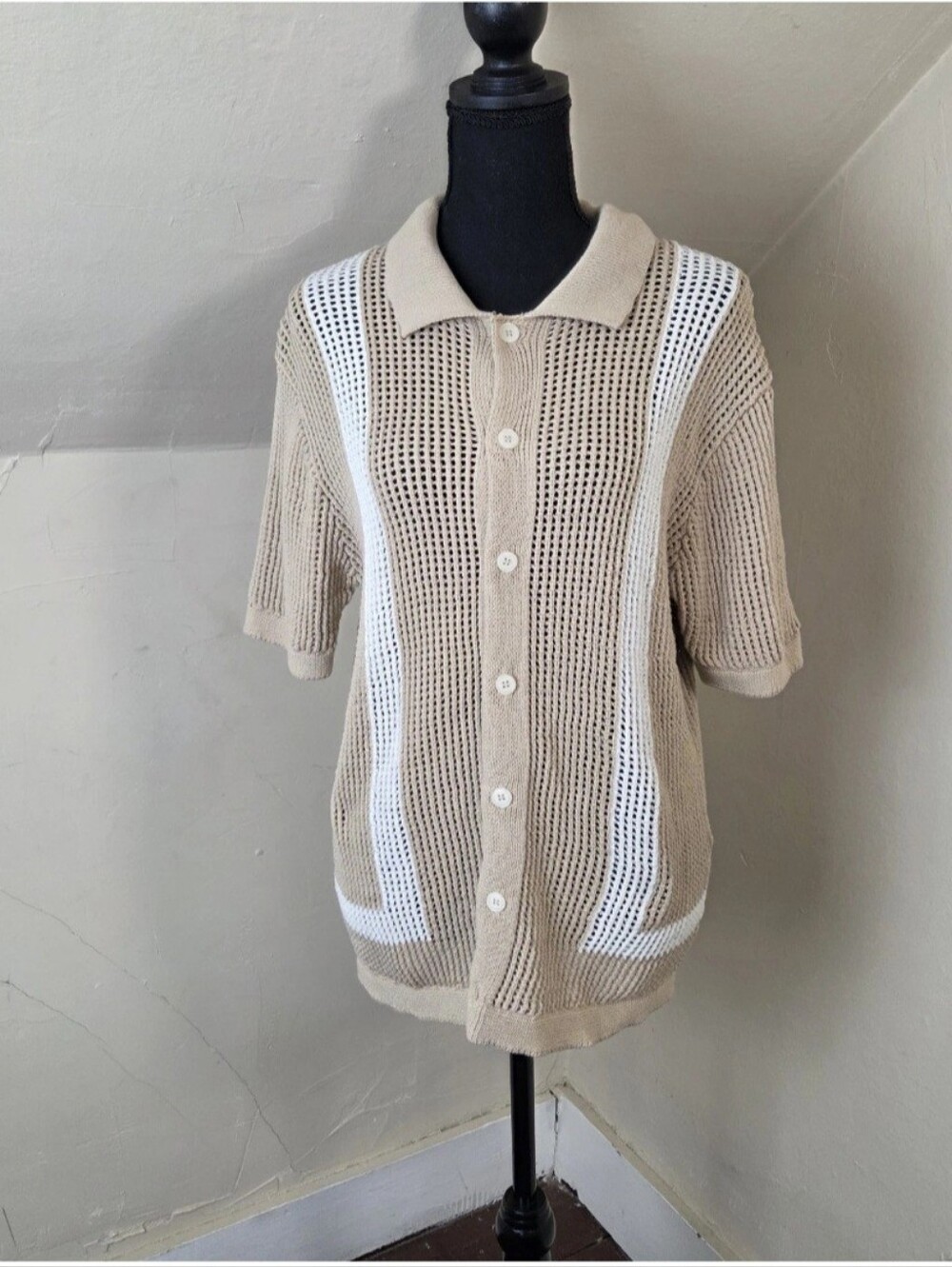 Massive Luxury Edition Cotton Open Knit Button Front Polo Cardigan Sweater M